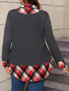 Top à manches longues en patchwork à carreaux décontracté pour le printemps et l'automne, grande taille - Gris foncé - Voir 2