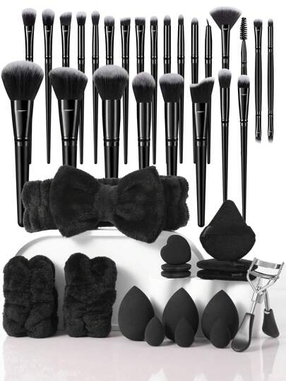 41pcs Makeup Brush Set Includes 25 Makeup Brushes (Powder Brush, Blush Brush, Highlighter Brush, Eyeshadow Brush, Etc.), 3 Makeup Sponge, 3 Mini Makeup Sponges, 2 Finger Puffs, 2 Triangle Powder Puffs, 1 Makeup Headband, 1 Eyelash Curler