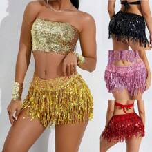 女士肚皮舞嘻哈围巾裙闪亮流苏迪斯科服装亮片裹身狂欢服装流苏裙 - 彩色 - 查看 3