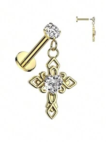 1 件图案中心心形合成氧化锆耳钉，316 不锈钢平底内螺纹穿孔耳环、唇环、身体首饰，适合各种场合、派对、日常佩戴