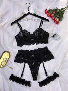 4pcs Women's Sexy Black Lace Floral Hollow Out Lingerie Set, Intimate Seductive Club Nightwear For Valentine's Day For Rave For Going Out