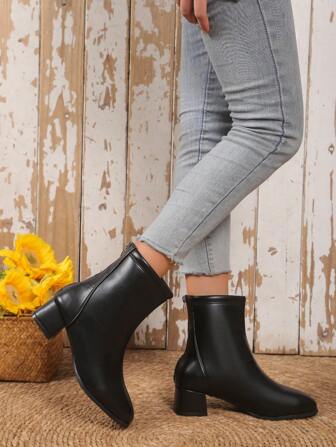 New Autumn And Winter Square Toe Boots Thick Heels And Ankle Boots British Style Zipper Heightening Short Boots For Women Thick Heels Western Style And Ankle Boots For Women Mid-Heel Zipper Women Boots