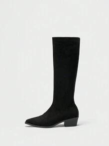 Bottes cuissardes à talons épais et bouts pointus mode femme, couleur unie sexy - Noir - Voir 4