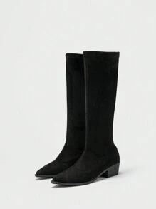 Bottes cuissardes à talons épais et bouts pointus mode femme, couleur unie sexy - Noir - Voir 6
