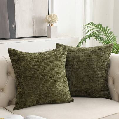 1pc Olive Green Checkered Knitted Cushion Cover (Pillow Core Not Included), Modern Light Luxury Bohemian Thick Chenille Soft Cushion Cover, Suitable For Sofa Bed Living Room Farmhouse Decoration, All Seasons