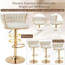 Bar Stools Set Of 2/Set Of 4, Adjustable Barstools Counter Height Stools With Back And Arm, Velvet Woven Kitchen Island Stools W/Gold Metal Leg & Base, 360° Swivel Bar Chair - White - View 6