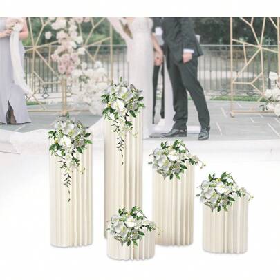  CNCEST Set di 5 colonne di carta, vasi per fioriere in cartone per matrimoni, colonne romane per esporre decorazioni per feste di nozze, eleganti colonne decorative per matrimoni, bianco
