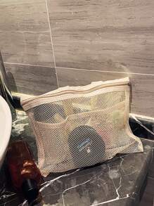 2 pezzi Borsa da spiaggia in stile boho fashion, in colore tinta unita, in materiale poliestere con grande capacità, design a rete su tutto il corpo, trasparente e visibile in tutto, con manici superiori a due mani. Adatta per viaggiare, campeggiare e contenere articoli. - Cachi - Visualizzare 6