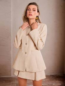 Sollinarry Women City Fashion Adjustable Waist Long Sleeve Blazer And Pleated Skirt Set, Autumn/Winter - Apricot - View 1