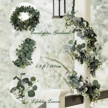 1pc Eucalyptus Floral Wreath With White Flowers, 5.9ft/180cm Silver Dollar Eucalyptus Leaf Babys Breath Wreath, Artificial Green Leaves Garland, Suitable For Wedding Party Fireplace Mantel, Table Runner, Home Decor, Office Decor, Summer