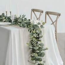 1pc Eucalyptus Floral Wreath With White Flowers, 5.9ft/180cm Silver Dollar Eucalyptus Leaf Babys Breath Wreath, Artificial Green Leaves Garland, Suitable For Wedding Party Fireplace Mantel, Table Runner, Home Decor, Office Decor, Summer