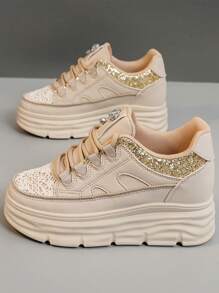 High-Top White Sneakers For Women, 2025 New Arrivals, Chunky Sole Platform Casual Chunky Sneakers, Leather Comfortable Running Sport Shoes For Fall - Khaki - View 3