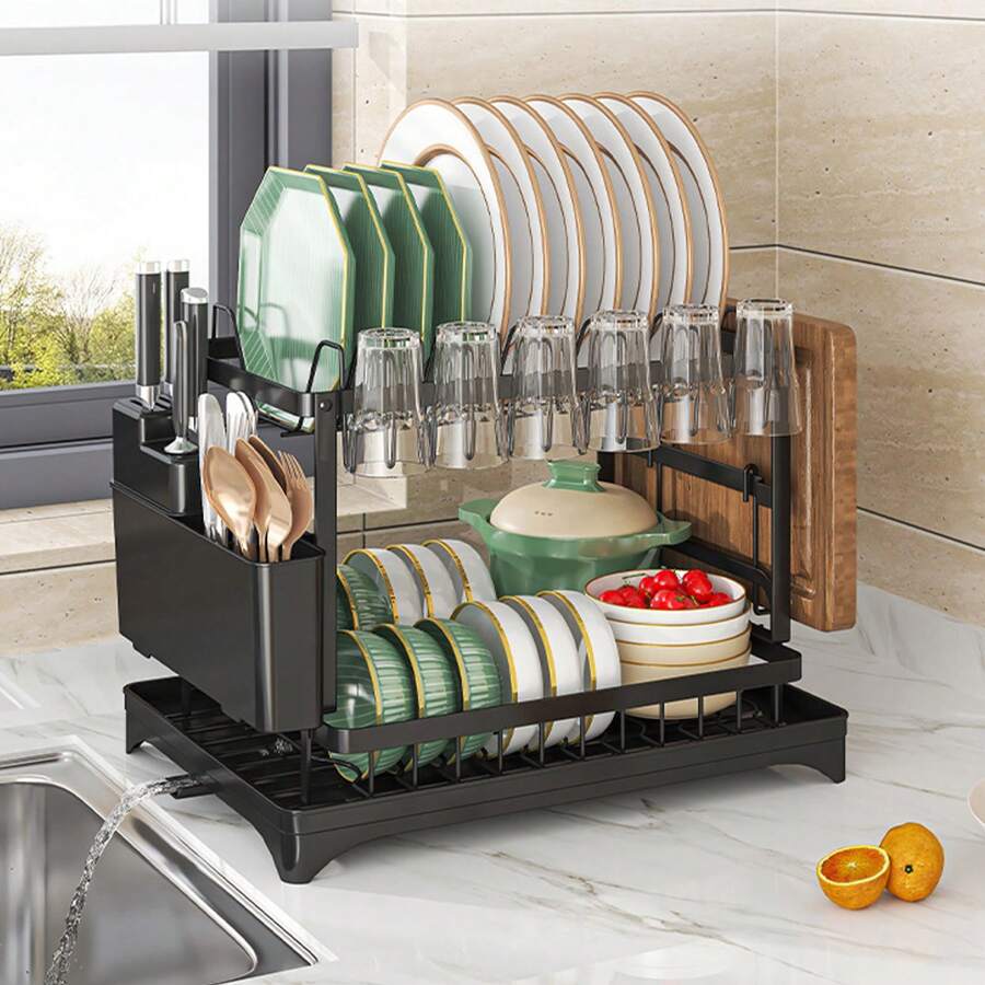 2 Tier Dish Drying Rack Kitchen Dish Organizer With Chopsticks And Chopping Board Holder - Black - View 1