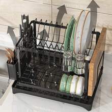 2 Tier Dish Drying Rack Kitchen Dish Organizer With Chopsticks And Chopping Board Holder - Black - View 7