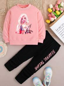Toddler Cartoon Print Crew Neck Sweatshirt And Leggings Set - Pink - View 1