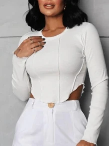 Women's Cropped Top, Long Sleeve, Ribbed, Different, Basic, Stylish, Trending, Foreign Fashion, Blogger, Party, Casual, Clubbing - 白色 - 查看 2