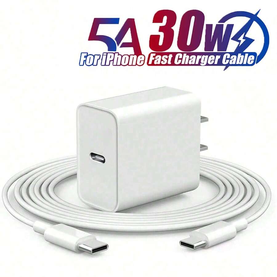 30W 快充套装：USB-C 墙充 + 100cm USB-C 转 Type-C 数据线，兼容 17/16/15 Pro Max Plus、iPad 等设备。手机充电器，高输出功率。 - 查看 1
