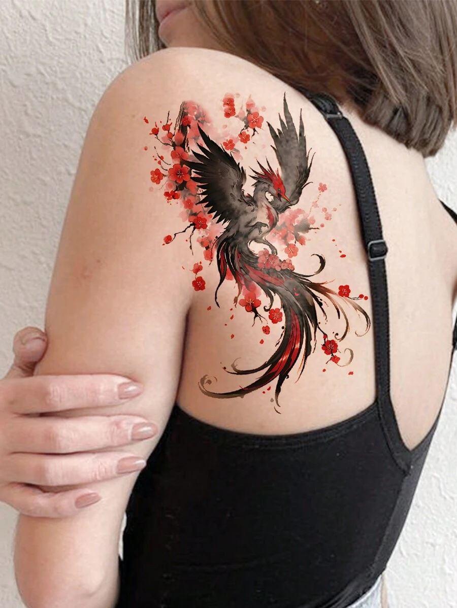 1 tờ hình xăm tạm thời nghệ thuật cơ thể cỡ lớn cho nam hoặc nữ, màu đỏ sẫm theo phong cách truyền thống hoa mận phượng hoàng, hình xăm giả không thấm nước, kéo dài 2-5 ngày, che sẹo, có thể sử dụng trên cánh tay cổ tay vai chân eo cổ tay ngực đùi ngón tay mắt cá chân, thích hợp cho các bữa tiệc, quà tặng, kỳ nghỉ, trang trí cơ thể - Nhiều màu - Xem 1