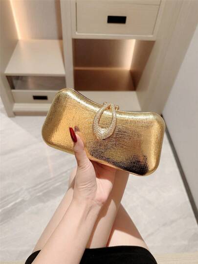 1 件奢华金属色亮面皮革盒形晚宴手拿包，配有高端闪亮水钻装饰，适合正式派对、舞会、毕业舞会、鸡尾酒会、派对包，非常适合派对婚礼舞会晚宴/宴会搭配节日派对礼服晚礼服和亮片礼服
