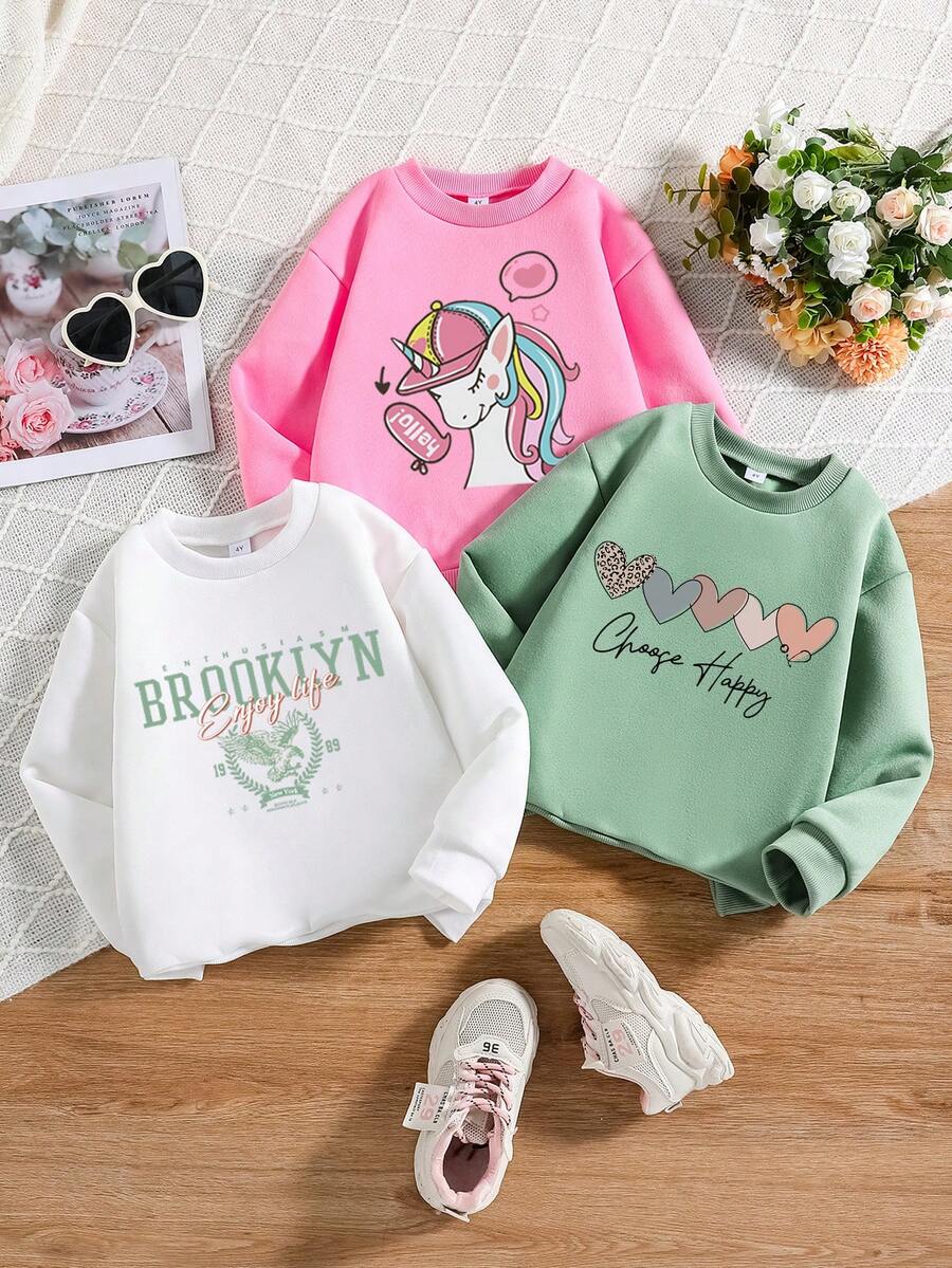 3pcs/Set Toddler Cartoon Printed Warm Crew Neck Sweatshirts - Multicolor - View 1
