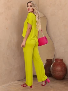 Women's 2-Piece Confy Basic T-Shirt Set With Viscose Lycra Pants - Màu xanh chanh - Xem 4