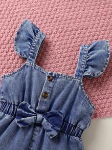 Conjunto de 2 peças/jovem menina elegante doce fofo listra sólida camiseta e borboleta estampado babados jeans macacão roupa casual diária festa de feriado