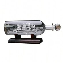 Sailboat Drifting Bottle With Wooden Base 3D Decorative Glass Ornament Ship In Wine Bottle 24*10.2cm New - 白色 - 查看 7
