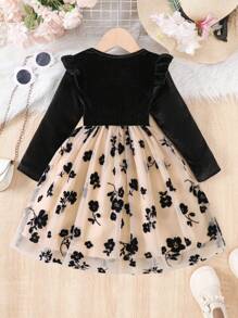 Young Girl Casual Fashionable Flocked Long Sleeve Ruffle Cap Sleeve Floral Embroidered Mesh Dress, Party Gift Formal Dress