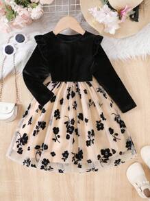 Young Girl Casual Fashionable Flocked Long Sleeve Ruffle Cap Sleeve Floral Embroidered Mesh Dress, Party Gift Formal Dress