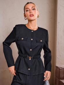 Sollinarry Bộ 2 món/Bộ đồ nữ đi làm ở thành thị tối giản dài tay áo khoác và quần, mùa thu - màu đen - Xem 7