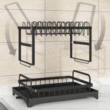 2 Tier Dish Drying Rack Kitchen Dish Organizer With Chopsticks And Chopping Board Holder - Black - View 8