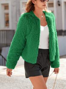 Women's Winter Coat Wool Short Jacket Faux Fur Long Sleeve Pocket Plush Warm Coat Autumn - màu xanh lá - Xem 4