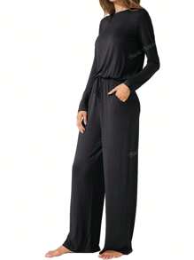 Women's Long Sleeve Drawstring Wide Leg One Piece Jumpsuits With Pockets Fall Outfits