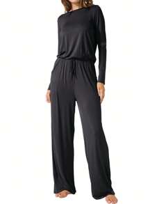 Women's Long Sleeve Drawstring Wide Leg One Piece Jumpsuits With Pockets Fall Outfits