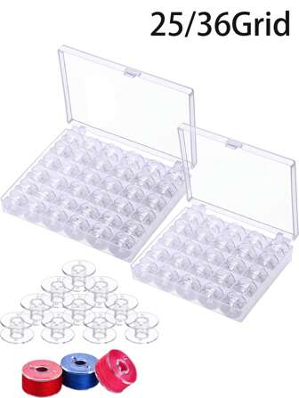 1pc Plastic Sewing Machine Bobbin Storage Box,Sewing Machine Thread Spool Case,Clear Plastic Organizer Case,25/36 Slots Empty Spool Storage Organizer And 25/36pcs Plastic Storage Bobbins