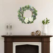18" Artificial Eucalyptus Wreath With Welcome Sign Green Eucalyptus Leaf Wreath Greenery Wreath Round Leaves Wreath For Front Door Wall Window Farmhouse Porch Patio Garden Decor - 綠色 - 查看 7