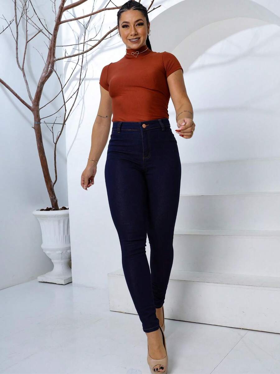 Women's Jeans, Graphite Gray, Marbled, Blue Jeans And Light Jeans, High-Waisted, High-Quality, Butt-Lifting, With Elastane - 深色水洗藍 - 查看 1