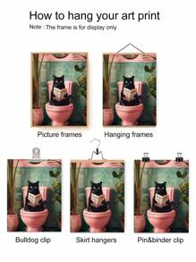 1幅无框浴室黑猫海报墙画，抽象猫咪如厕看报纸现代植物图片，彩色帆布油画印刷品，适用于客厅卧室装饰 - 彩色 - 查看 6