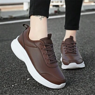 Women's Brown Suede Leather Waterproof Lace-Up Outdoor Casual Shoes, Low-Top, Soft & Lightweight, Shock-Absorbing, Running Shoes For Fall/Winter