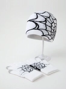 2pcs/Set Couple Warm Winter Knitted Hat And Gloves Set With Spider Jacquard Pattern, Casual Autumn/Winter Christmas - A - View 2