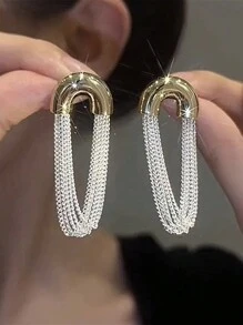1 对弧形金属链椭圆形优雅耳环 - 彩色 - 查看 6