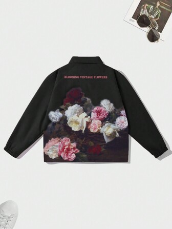 Giacca casual da uomo con inserti floreali rosa a maniche lunghe, stile grunge, autunnale