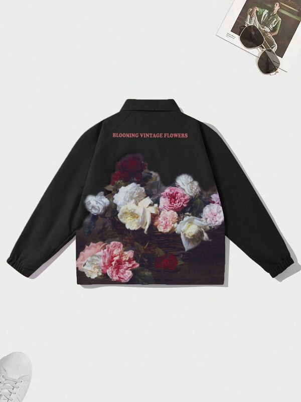 Herren Lässig Jacke mit eingesetzter Rosen-Blumen-Musterung, Grunge-Stil, Herbst