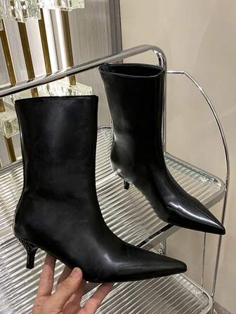 Women's Black Pointed Toe Kitten Heel Ankle Boots, 2024 Fall Winter New Low Chunky Heel Retro Wide Opening Fashion Mid-Calf Boots,Party