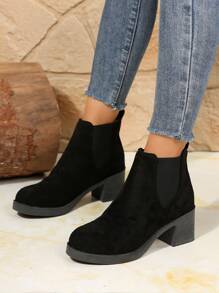 Fall/Winter 2025 Chunky Heel Women Short Boots, Fashion Versatile Elegant Solid Color Chelsea Boots, Round Toe Comfortable Casual High Heel Shoes, Short Plush Warm Ankle Boots - Black - View 2