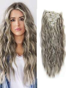 夹式接发 16 夹 22 英寸长卷发接发 女士全头合成接发假发 7 件套装 - 間色 - 查看 16