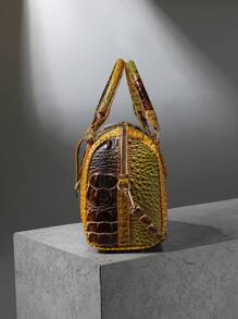 Luxury Crocodile Pattern Handbag, Retro Genuine Purse, Women's Classic Boston Bag & Shoulder Bag - 6#vàng+nâu - Xem 4