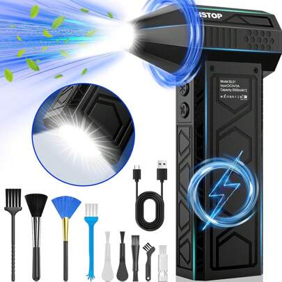 1pc Electric Air Duster With Flashlight, HSTOP 180000RPM Compressed Air Duster Turbine Fan (10000mAh), Multi-Purpose Blower, 4-Speed High-Powered Air Blower With Auxiliary Lighting, Portable Fan, Mini Fan, Halloween Christmas Gift