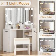 Corner Vanity Desk Set With Vanity Mirror,Built-In Lights,2 Drawers,Power Outlet,Makeup Vanity Table Makeup Desk Makeup Dressing Table For Bedroom - White - View 3