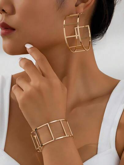 1 套简约几何空心线条手链和耳环首饰套装，女士节日礼物